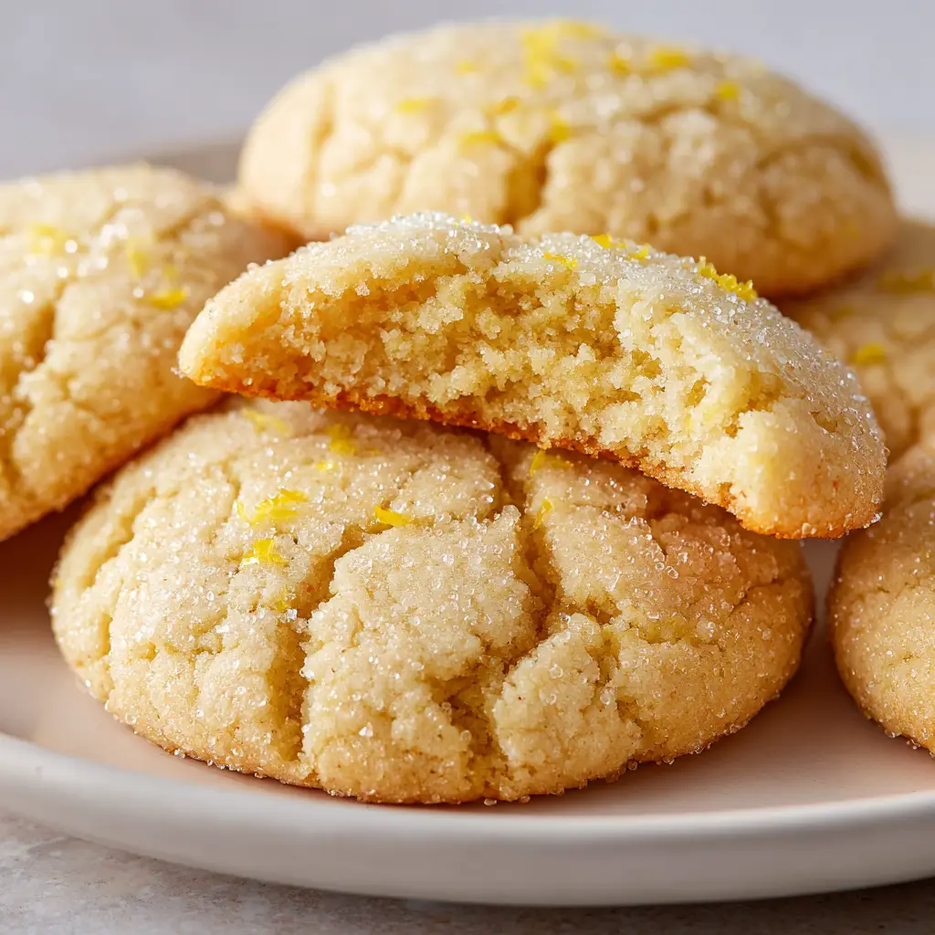 A close up photo of freshly baked Lemon Sugar Cookies with a pale golden yellow exterior, a crackled top surface, and tiny flakes of bright lemon zest embedded inside.
