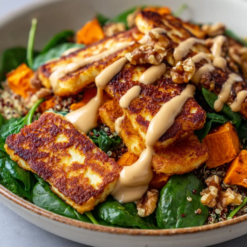 The Ultimate Halloumi Sweet Potato Bowl Recipe 1 A close-up handheld smartphone photo of a shallow ceramic bowl containing golden-brown pan-seared halloumi, caramelized sweet potatoes, and a zigzag tahini drizzle.