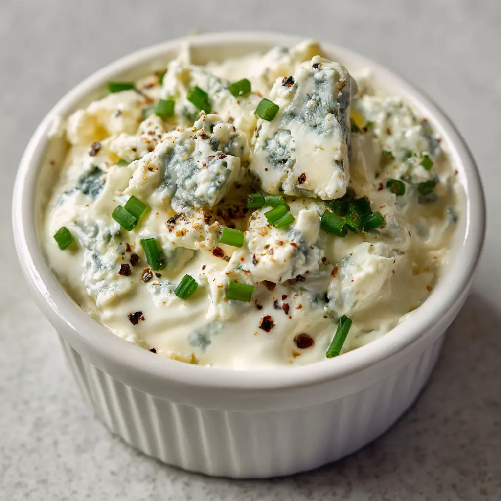 A handheld smartphone photo showing a ramekin filled with thick homemade blue cheese dressing sitting on a light grey countertop in soft natural daylight.