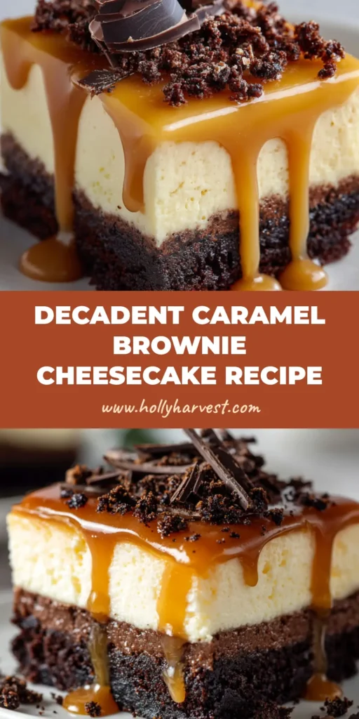 A decadent slice of Caramel Brownie Cheesecake showing a dense dark chocolate base, pale cream cheesecake, and thick glossy golden amber caramel dripping down the sides.