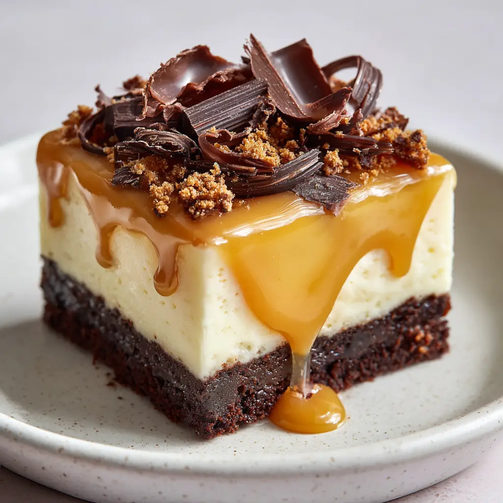 A beautifully garnished Caramel Brownie Cheesecake slice featuring baked brownie crumbles and delicate dark chocolate curls on top.