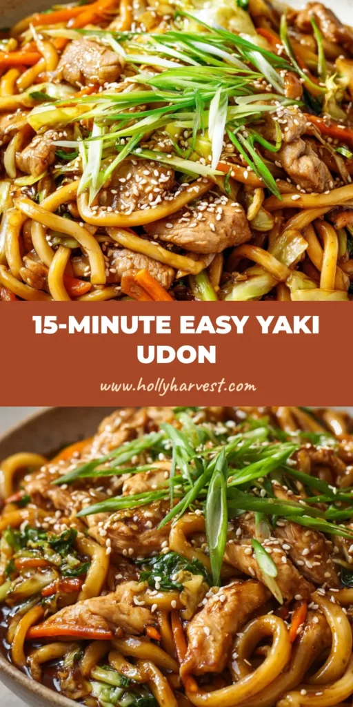 A steaming, rustic ceramic bowl filled with thick, chewy, glossy yaki udon noodles coated in a rich, dark brown savory sauce. The dish is topped with seared chicken breast, wilted cabbage, julienned carrots, fresh scallions, and toasted sesame seeds.