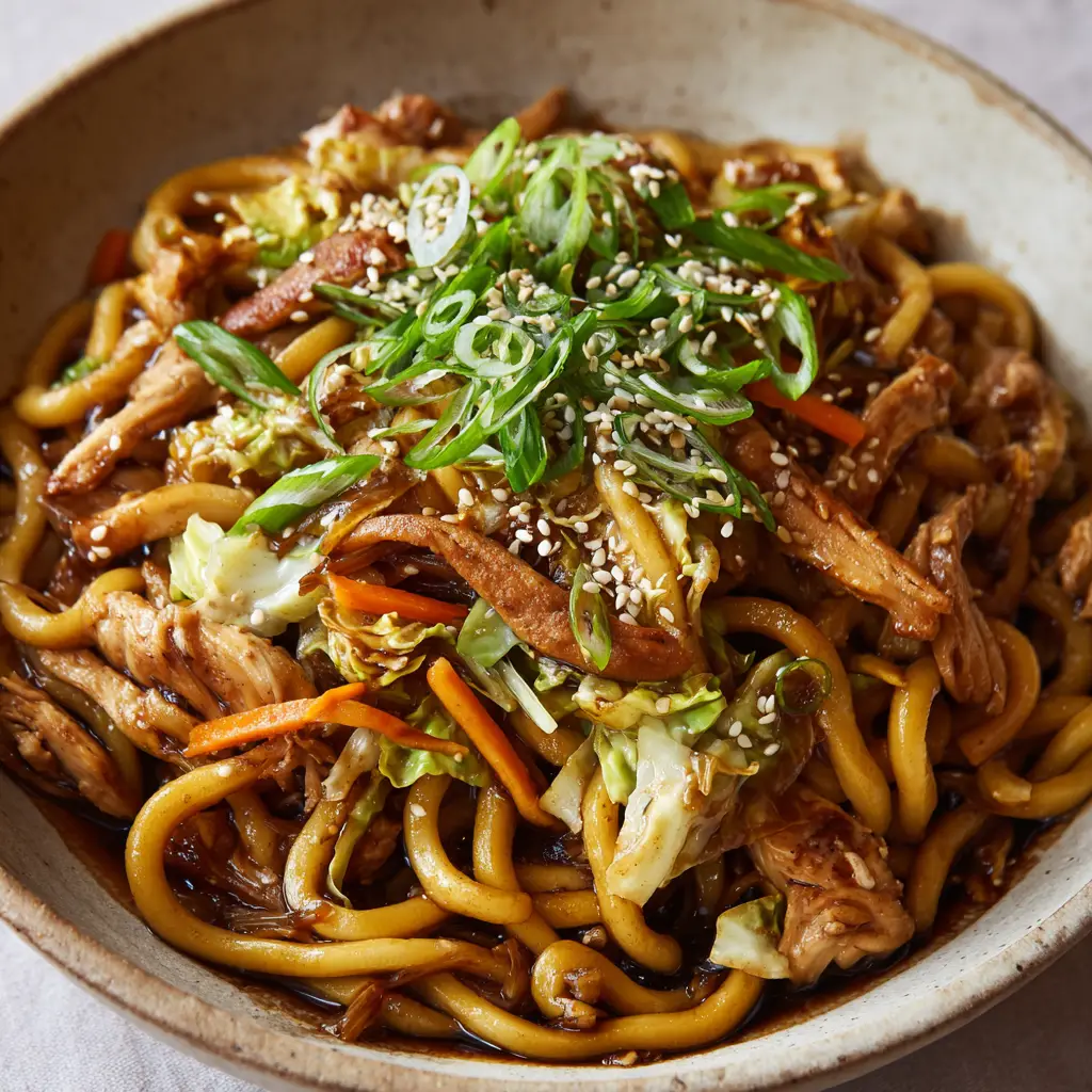 A beautifully plated shallow rustic bowl of yaki udon noodles topped with thinly sliced orange carrots, wilted cabbage, diagonally cut scallions, and white sesame seeds.