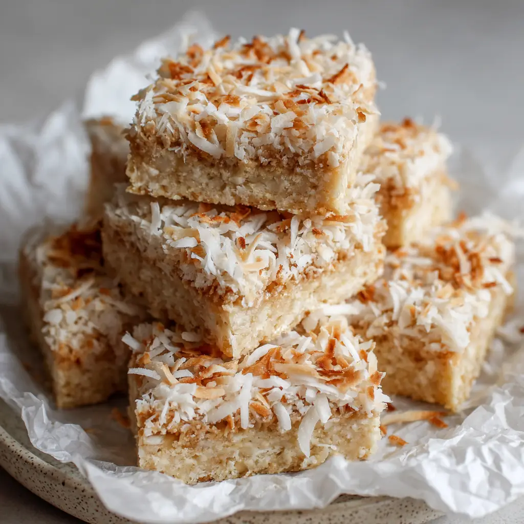 Coconut Vanilla Protein Bars 1 A stack of light beige Coconut Vanilla Protein Bars resting on a piece of crinkled white parchment paper on a neutral ceramic plate.