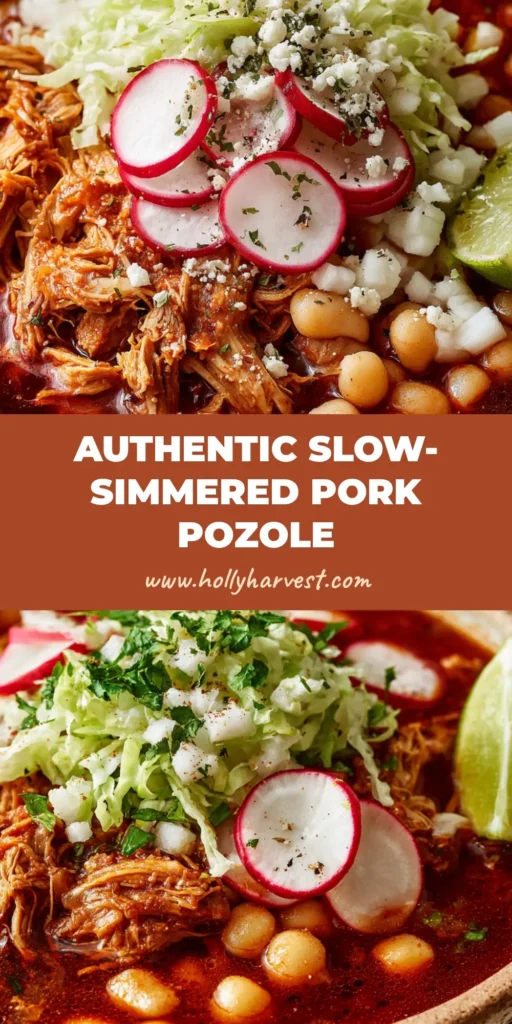 A close up view of a rustic ceramic bowl filled with authentic Pork Pozole Recipe, showing the rich red broth, shredded pork, hominy, and fresh garnishes. (Pork Pozole Recipe)