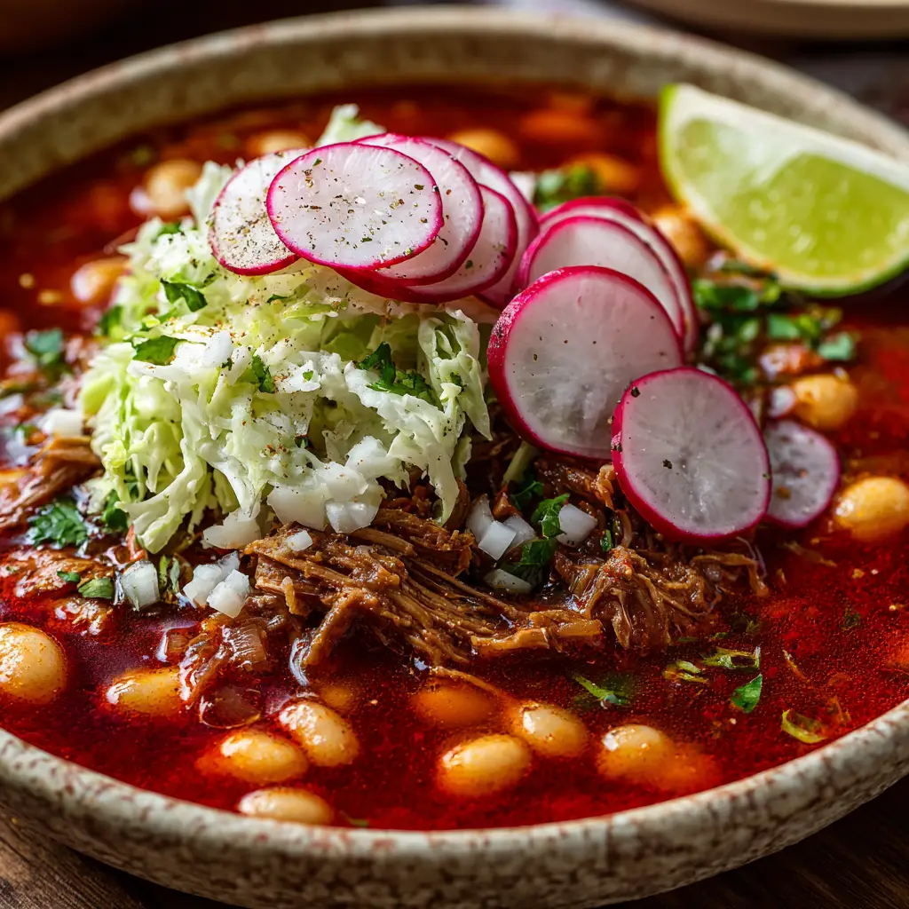 A pot of Pork Pozole simmering on the stove, showing the deep red broth and tender shredded pork ready for serving.