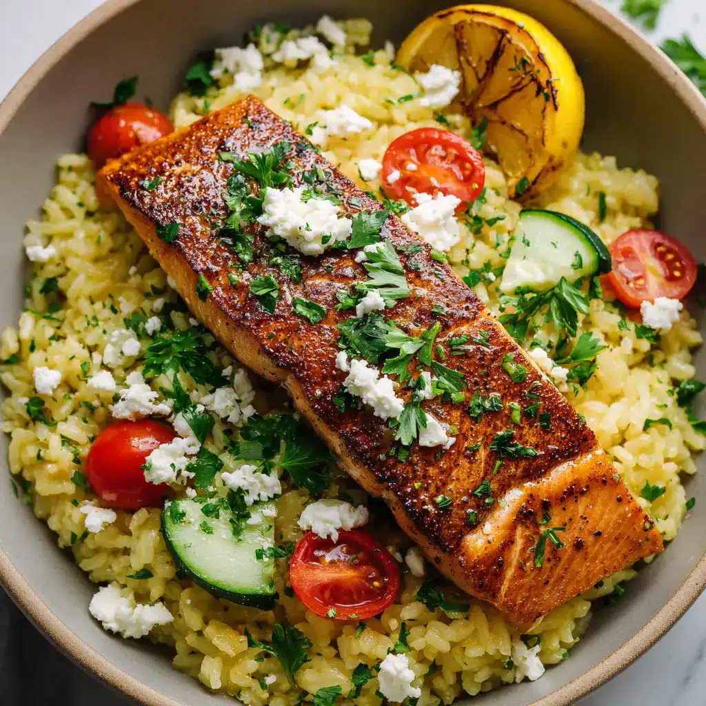Thick flaky Mediterranean Salmon fillet with a glossy golden-brown pan-seared crust surrounded by cucumbers, tomatoes, and feta.