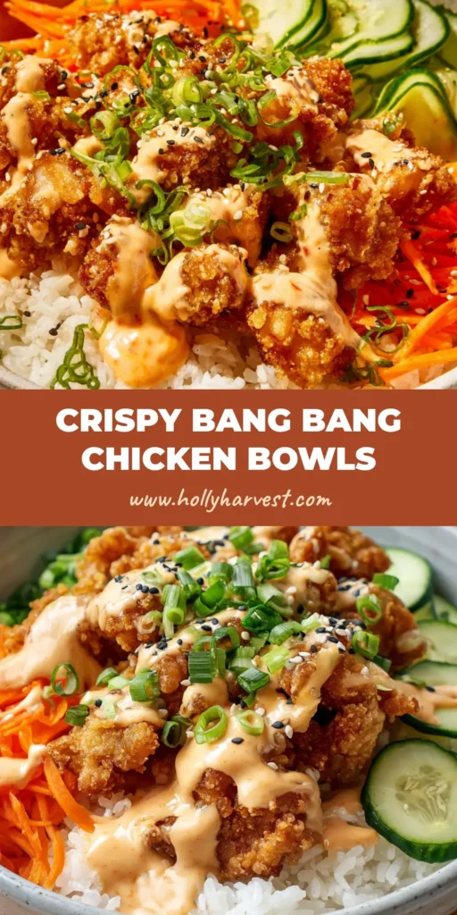 A ceramic bowl filled with fluffy white rice, topped with crispy fried chicken chunks drizzled in pale-orange spicy mayo sauce, served with shredded carrots, cucumber slices, and sesame seeds. (Bang Bang Chicken Bowl)
