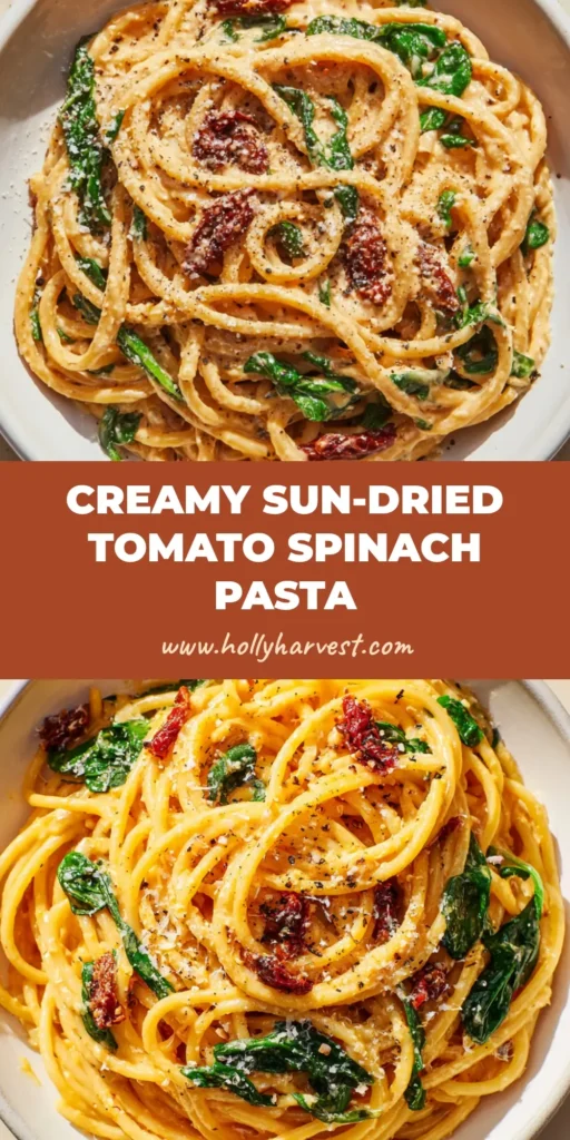 Creamy Sun-Dried Tomato Spinach Spaghetti 4 A close-up overhead shot of a white ceramic shallow pasta bowl filled with thick spaghetti noodles in a glossy pale-orange sun-dried tomato cream sauce with wilted spinach and coarse black pepper. (Sun-Dried Tomato Spinach Spaghetti)