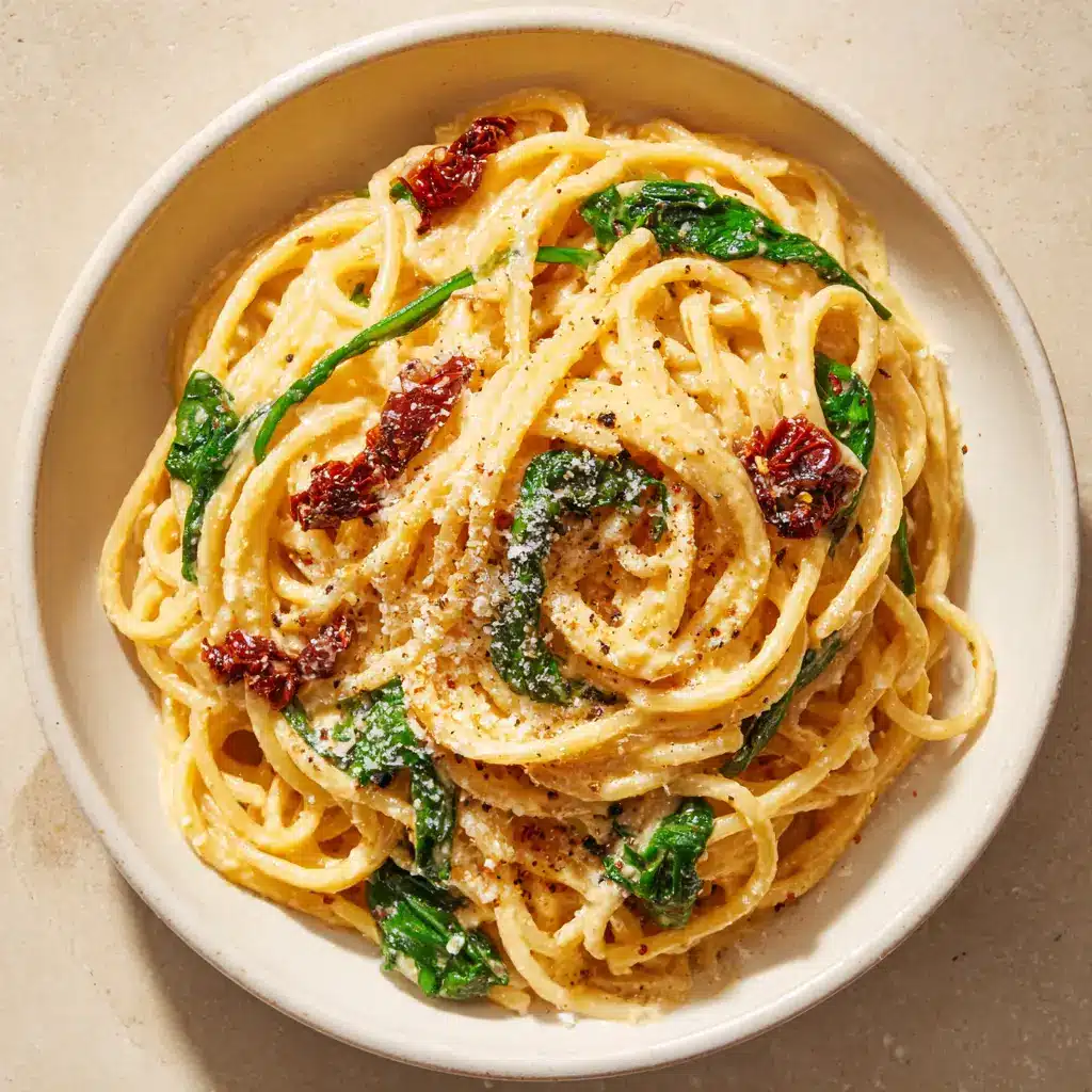 Creamy Sun-Dried Tomato Spinach Spaghetti 2 Ingredients laid out for making sun-dried tomato spinach spaghetti including thick pasta, fresh spinach, heavy cream, and dark red sun-dried tomatoes. (Sun-Dried Tomato Spinach Spaghetti)