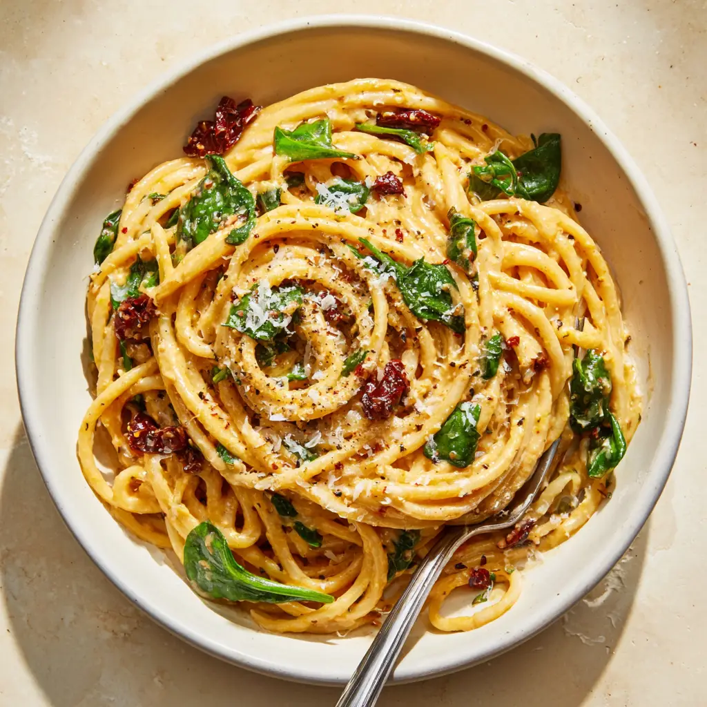 Creamy Sun-Dried Tomato Spinach Spaghetti 1 Thick spaghetti noodles being tossed in a skillet with a rich pale-orange cream sauce, dark red tomatoes, and wilted green spinach.