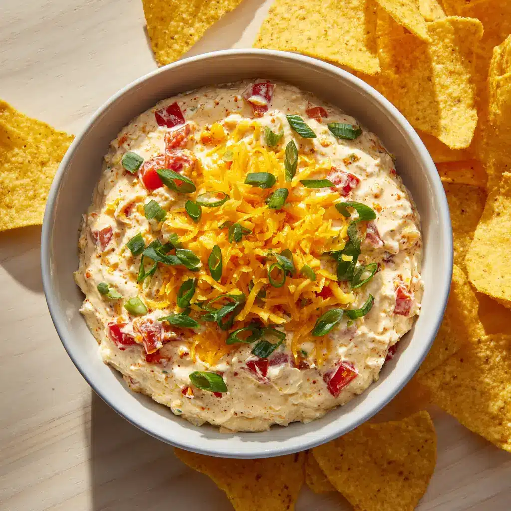 Freshly garnished creamy Boat Dip served with lightly salted yellow triangle tortilla chips scattered on a light wooden table.