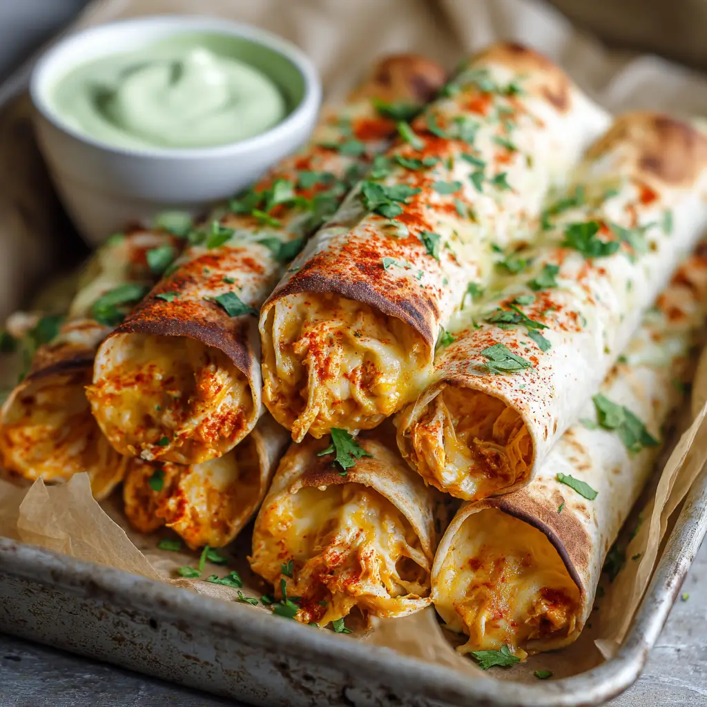 The Ultimate Baked Cream Cheese Chicken Taquitos 1 Golden brown tightly rolled flour tortillas with a dusting of paprika and chopped cilantro on a rustic baking sheet.