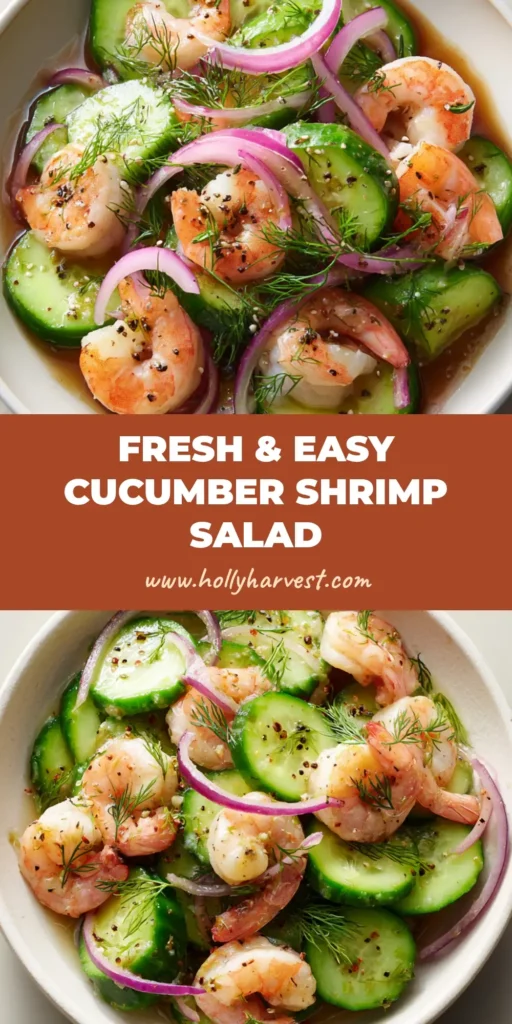 Crisp & Refreshing Cucumber Shrimp Salad 4 A close-up overhead shot of refreshing Cucumber Shrimp Salad in a shallow white ceramic bowl, garnished with fresh dill.