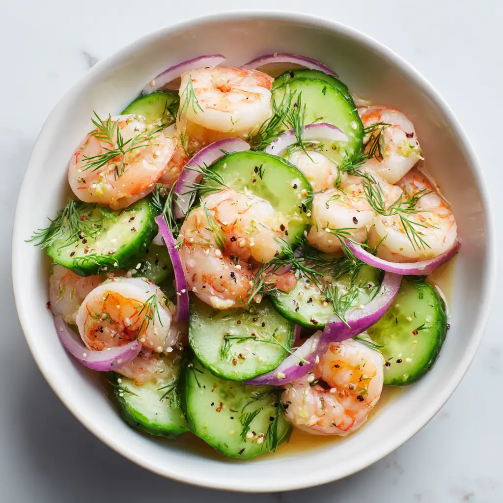 Crisp & Refreshing Cucumber Shrimp Salad 2 Fresh ingredients for Cucumber Shrimp Salad including thick-cut cucumbers, raw pink shrimp, and red onion.
