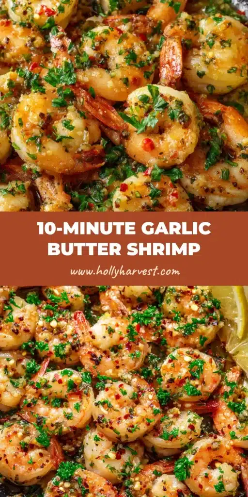 Plump perfectly seared pink shrimp coated in a glossy golden garlic butter sauce in a dark rustic skillet, styled for Pinterest.