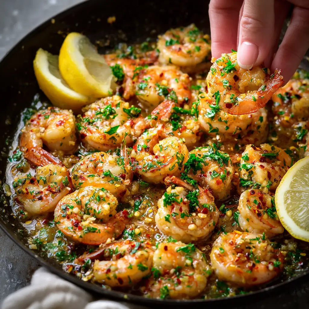 Sizzling perfectly seared pink shrimp cooking in a dark cast iron skillet with golden butter.