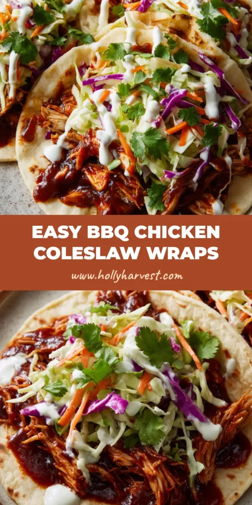 A close-up view of open-faced soft flour tortillas acting as wraps, layered with shredded chicken in glossy dark BBQ sauce, crunchy slaw, cilantro, and white sauce.
