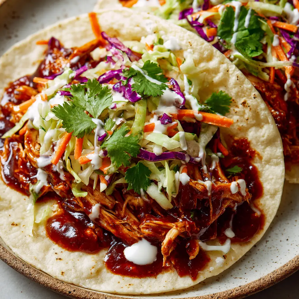 Close-up of shredded chicken heavily coated in a thick, glossy, dark reddish-brown BBQ sauce on a rustic plate.