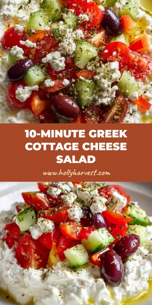 Refreshing Greek Cottage Cheese Salad 3 A close up shot of a Greek cottage cheese salad in a shallow white ceramic bowl, featuring thick cottage cheese topped with fresh raw vegetables and olive oil.