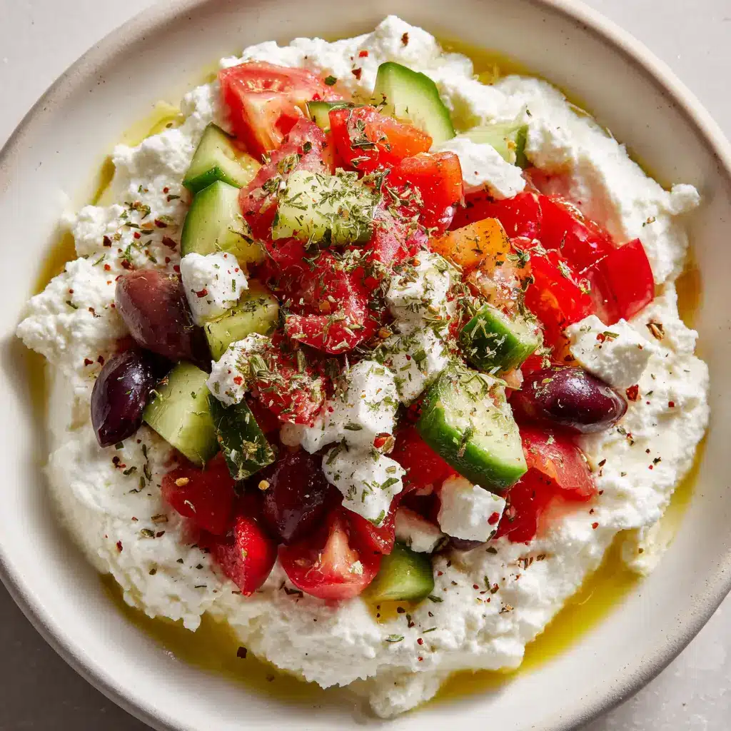 Refreshing Greek Cottage Cheese Salad 2 Fresh ingredients for a Greek cottage cheese salad including bright white cottage cheese, halved cherry tomatoes, and sliced cucumbers.
