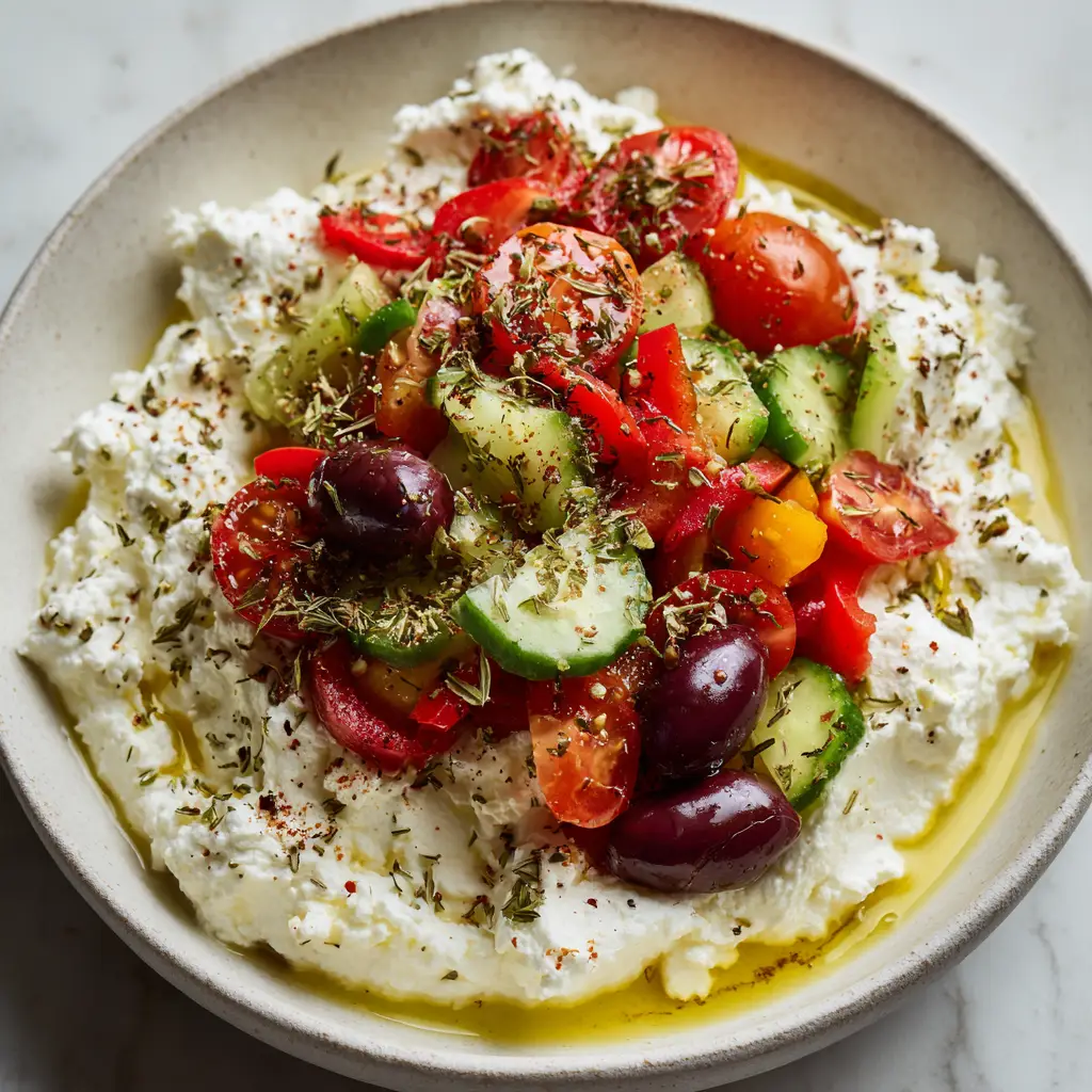 Refreshing Greek Cottage Cheese Salad 1 A slightly yellow drizzle of extra virgin olive oil pooling in the thick curds of a Greek cottage cheese salad.