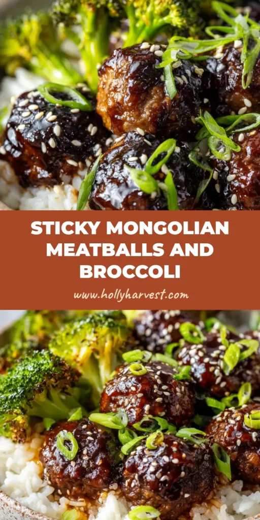 A rustic ceramic bowl filled with steamed white rice, pan-seared ground beef Mongolian meatballs, thick dark mahogany brown glaze, steamed broccoli, sesame seeds, and scallions.