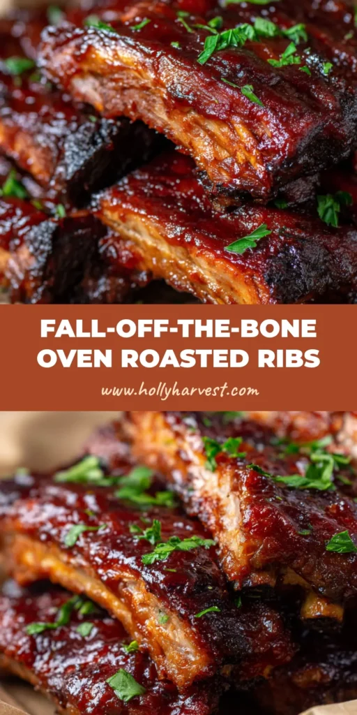 A close-up of thick, meaty oven roasted country style pork ribs with a glossy dark reddish-brown BBQ glaze on crinkled parchment paper.