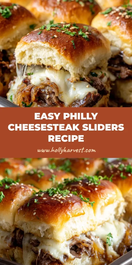 A close-up of pull-apart Philly Cheesesteak Sliders showing gooey melted provolone cheese, savory ribeye, and buttery toasted buns.