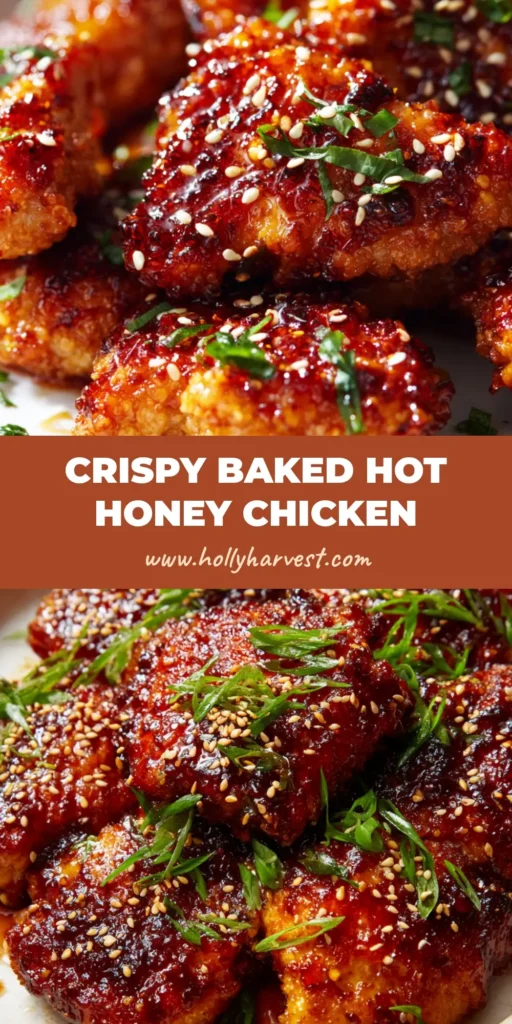 Close up of Baked Hot Honey Chicken on a shallow white plate heavily garnished with sesame seeds and scallions.