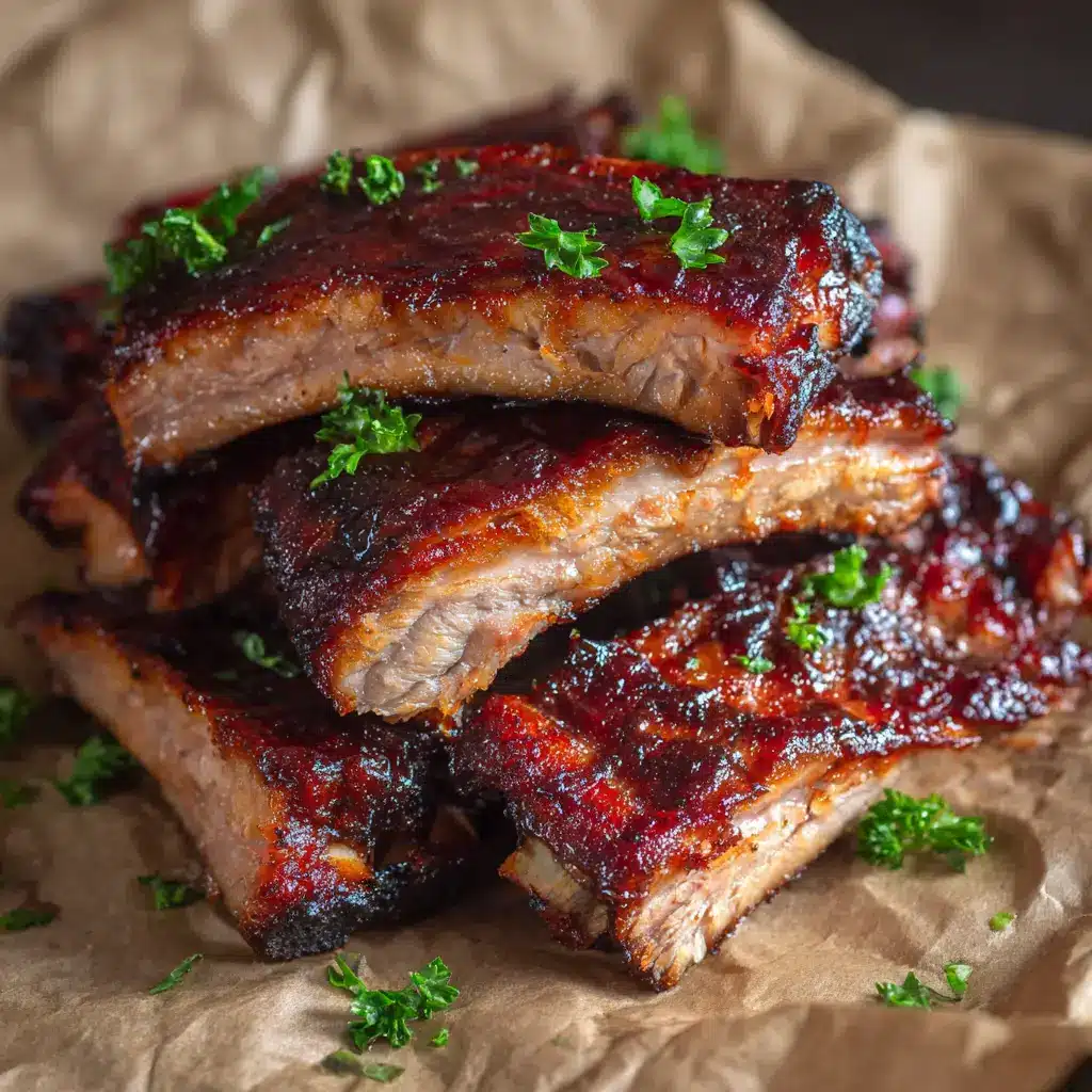 Brushing a thick, glossy dark reddish-brown BBQ glaze over tender country style ribs on a dark metal baking sheet.