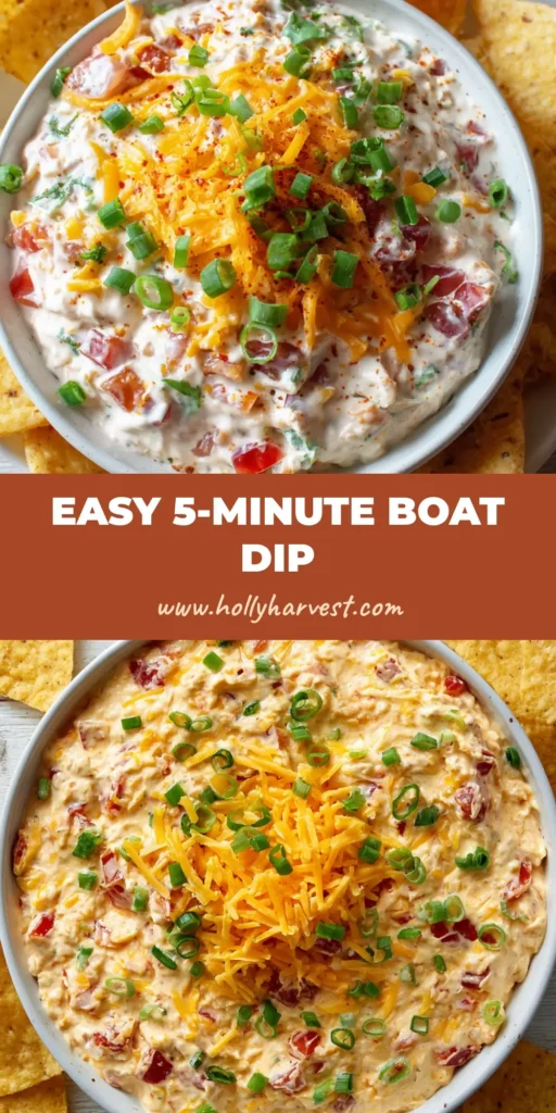 A close-up view of creamy Boat Dip in a shallow white bowl topped with cheddar cheese and green onions, surrounded by yellow tortilla chips. (Boat Dip Recipe)