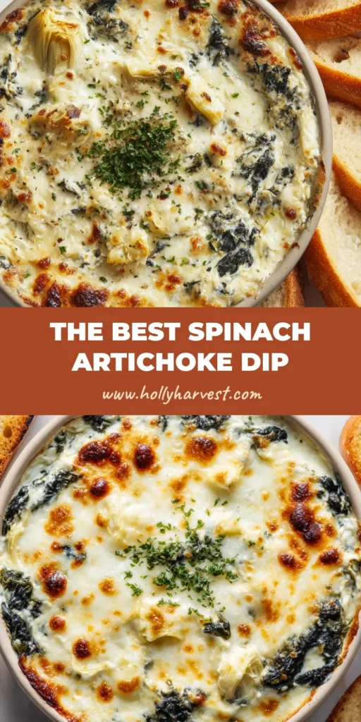 A hot, bubbling baked spinach and artichoke dip with a blistered golden-brown cheese topping, served with toasted baguette slices.