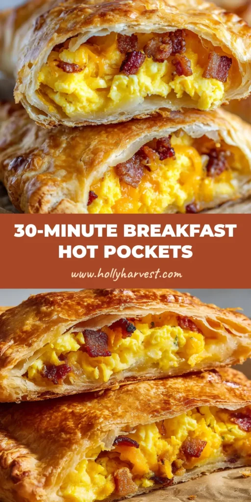 A halved Homemade Breakfast Hot Pocket showing a golden flaky pastry crust, fluffy scrambled eggs, crispy bacon, and melted cheddar cheese on a dark cooling rack.