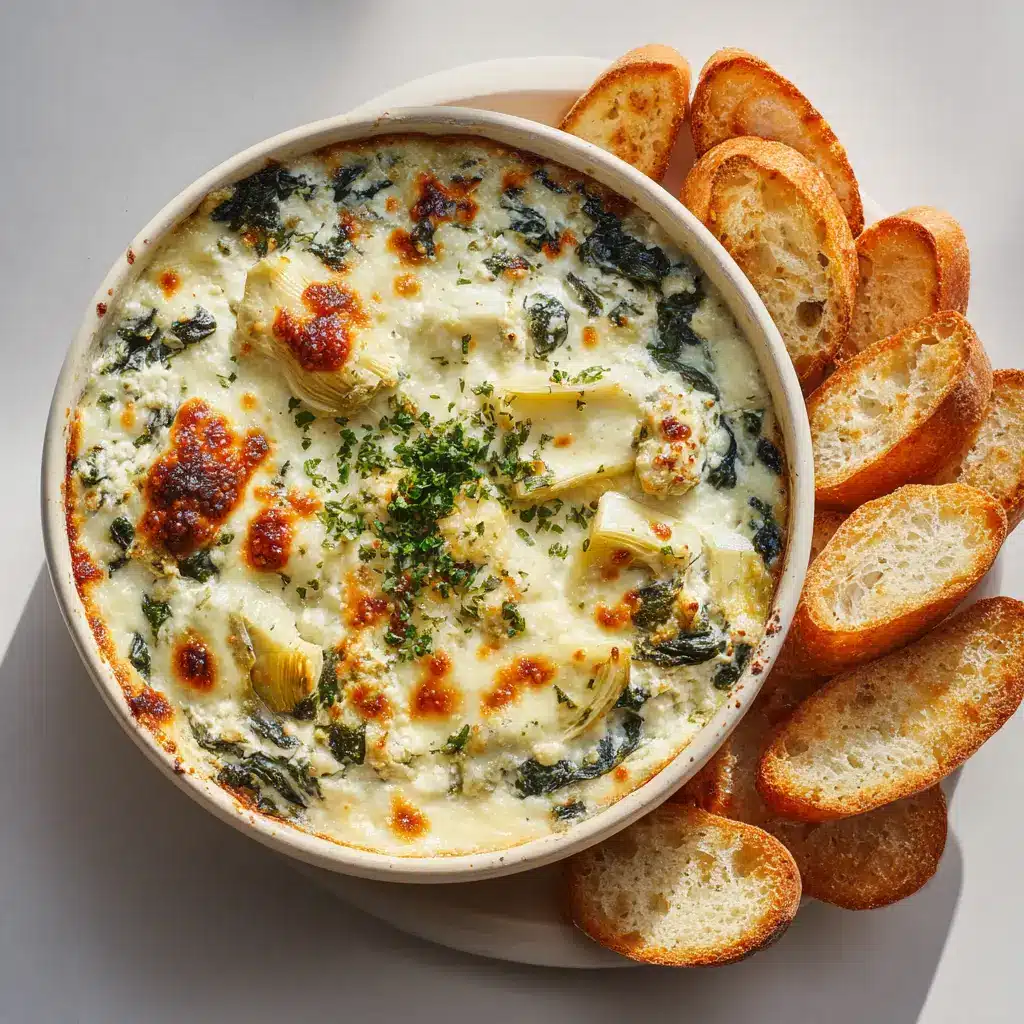 Close-up of stringy melted mozzarella cheese pulling from a ceramic dish of hot baked spinach artichoke dip.