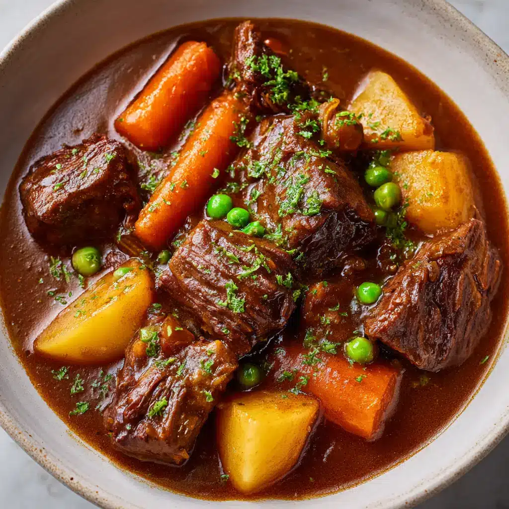Thick, glossy, deep mahogany-brown savory gravy bubbling in a slow cooker over tender shredded beef and soft carrots.