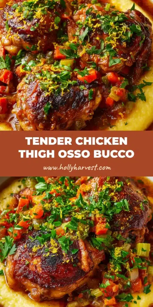 A close-up view of Chicken Thigh Osso Bucco served in a wide rustic bowl over creamy yellow polenta.