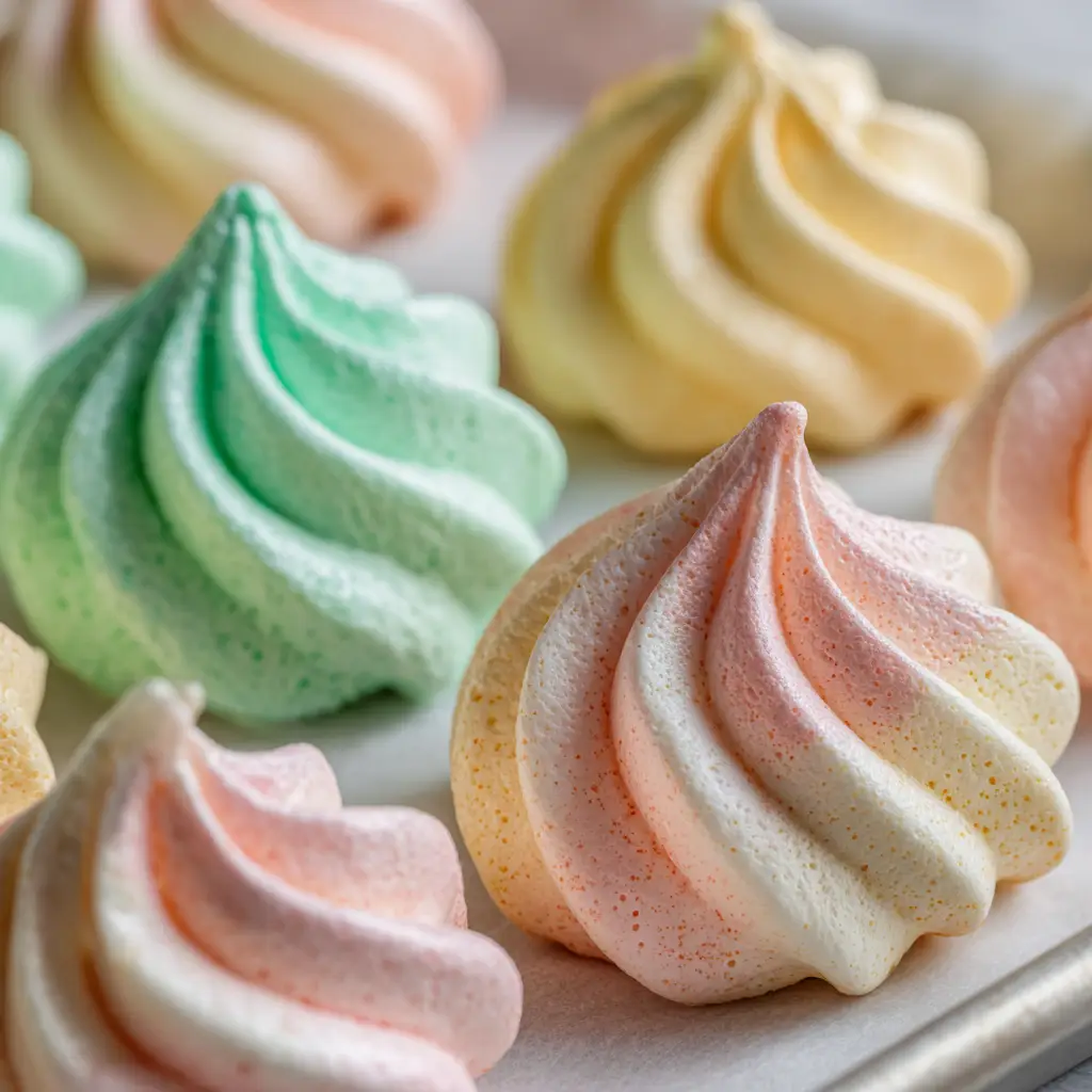 Star-piped pastel meringue cookies with distinct fine ridges on white parchment paper.