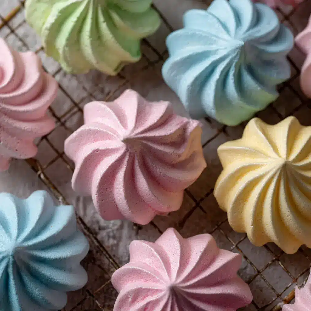 Close-up of piped meringue rosettes and kisses using a star tip, featuring distinct, sharp ridges.