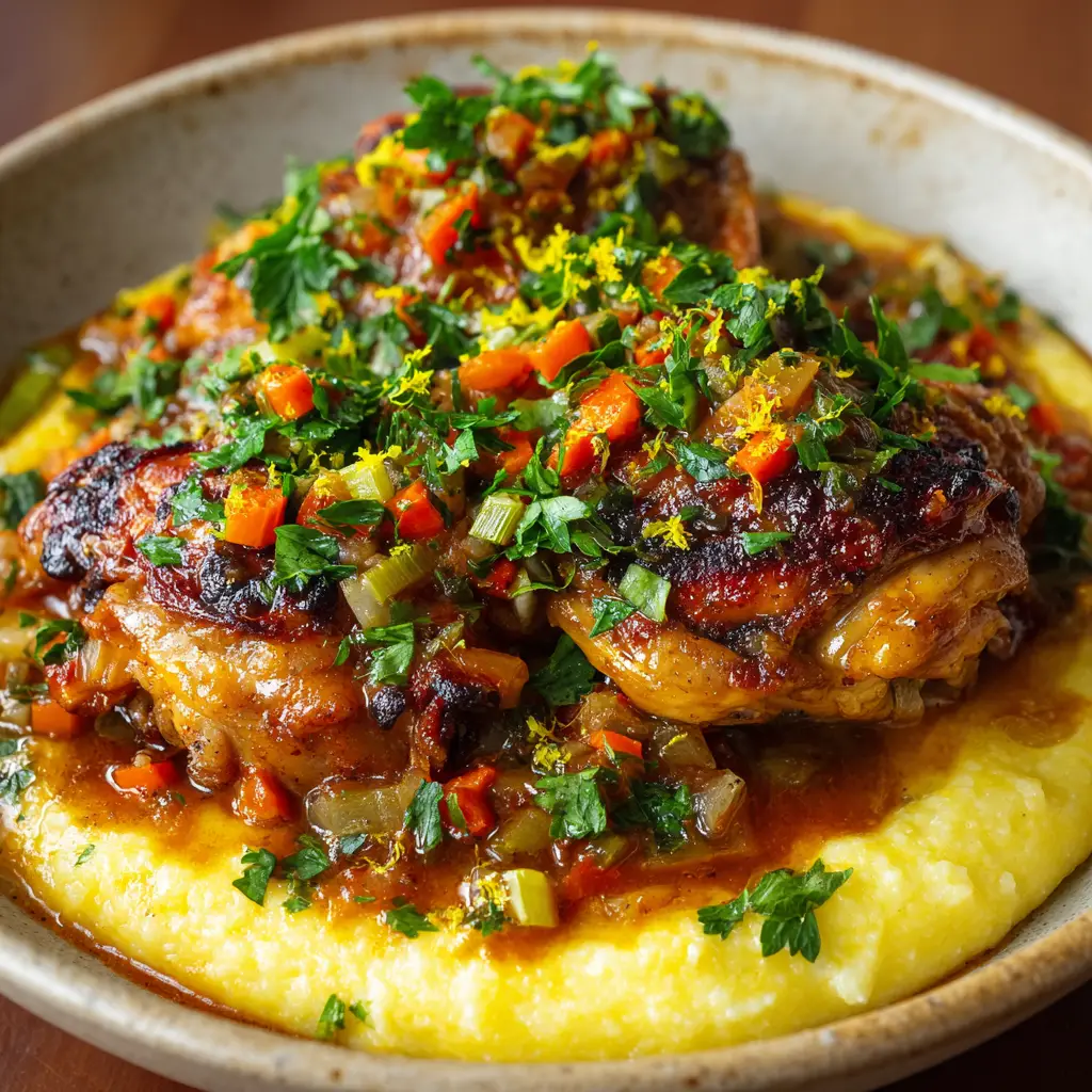 Thick creamy yellow polenta mixed with a glossy pan sauce and vibrant gremolata garnish.