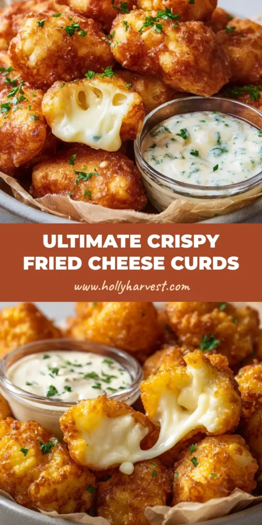 A pile of golden-brown, unevenly shaped deep-fried cheese curds with a crispy, bubbled batter and gooey melted white cheese stretching, showcasing the ultimate Fried Cheese Curds Recipe.