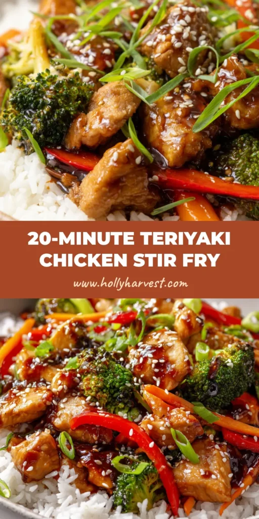 A close-up shot of Teriyaki Chicken Stir Fry in a shallow matte white ceramic bowl, featuring steamed white rice topped with golden-brown chicken, glossy dark sauce, broccoli, carrots, peppers, and sesame seeds.