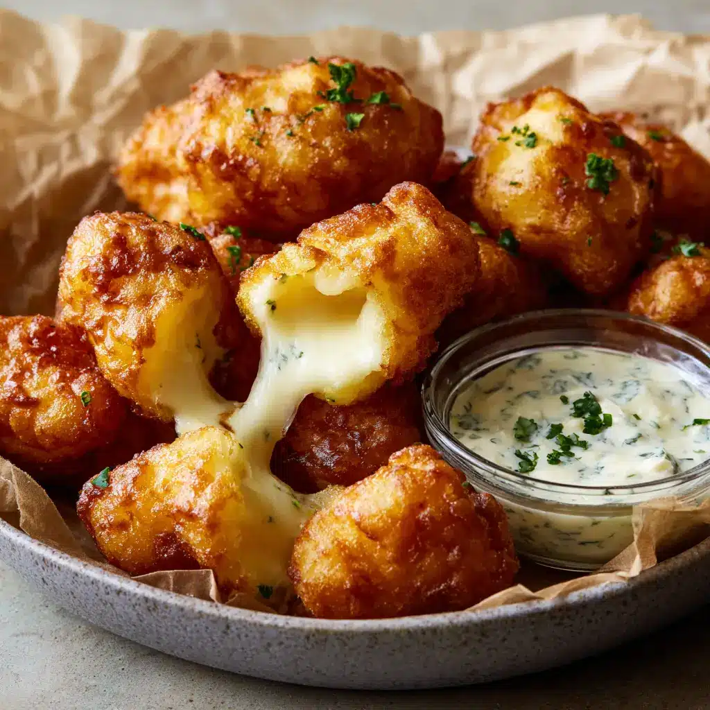 One deep-fried cheese curd pulled apart showing thick, gooey, melted white cheese stretching between the crispy halves.