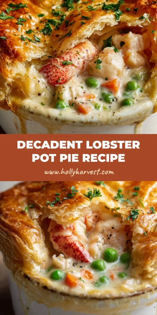 A freshly baked Lobster Pot Pie in a rustic white ramekin featuring a deeply golden, flaky puff pastry crust cracked to reveal glossy cream sauce, chunks of pink lobster, green peas, and diced carrots.