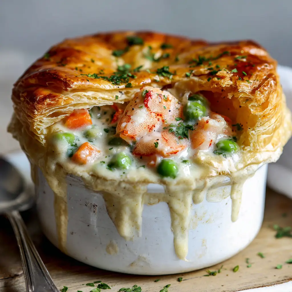 Slightly angled view of broken open puff pastry crust revealing tender lobster chunks and black pepper specks in a white ramekin.