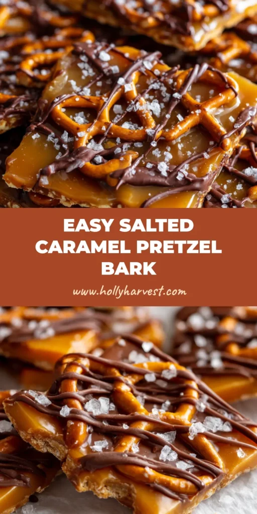 Irresistible Salted Caramel Pretzel Bark 3 A close-up vertical shot of irregularly cracked pieces of salted caramel pretzel bark resting on white parchment paper. The base features overlapping mini pretzels embedded in a thick glossy caramel layer, finished with a smooth dark chocolate drizzle and coarse sea salt.