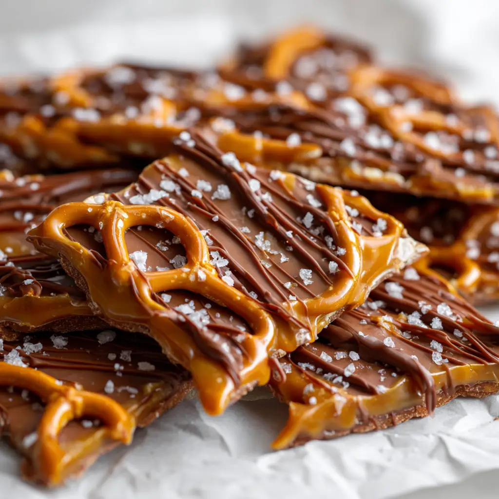 Irresistible Salted Caramel Pretzel Bark 2 Overhead view showing raw ingredients for pretzel bark, highlighting mini pretzel twists, butter, light brown sugar, and dark chocolate chips.