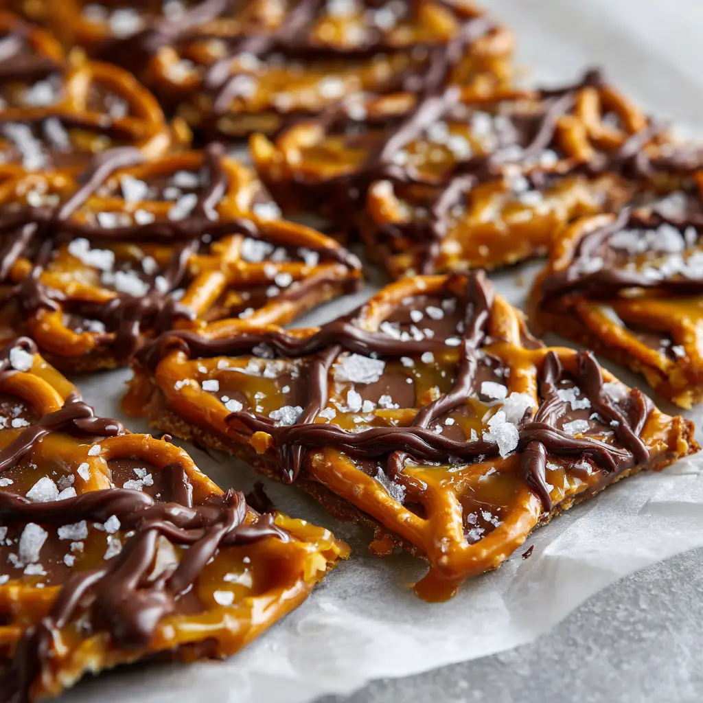 Irresistible Salted Caramel Pretzel Bark 1 Close up of bubbling thick glossy golden-amber caramel being poured over overlapping baked mini pretzel twists on a parchment-lined baking sheet.