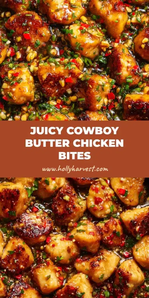 A dark cast iron skillet filled with Cowboy Butter Chicken Bites, featuring golden brown caramelized edges and a glossy butter sauce.