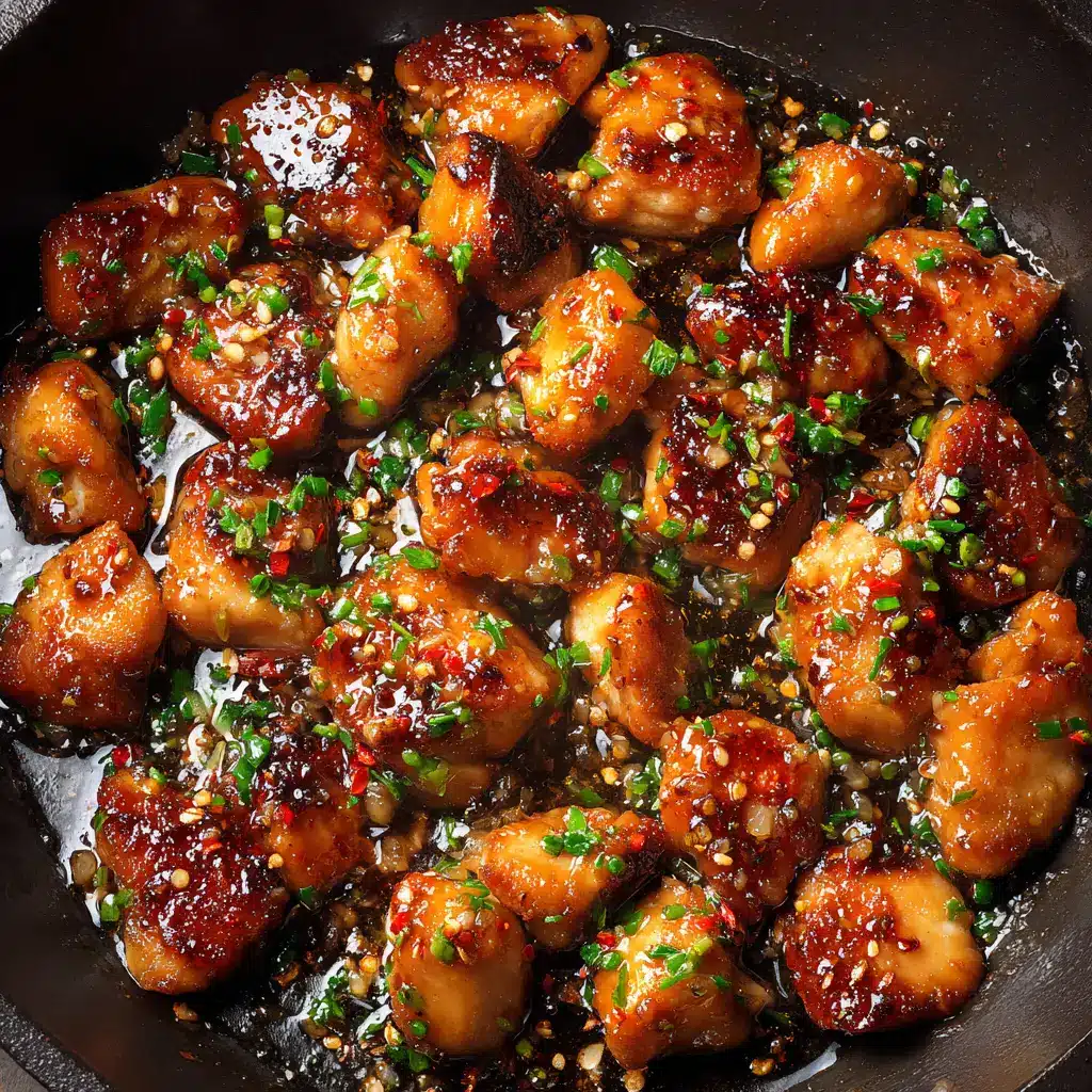 Bite-sized chicken chunks sitting inside a dark cast iron skillet, speckled with red pepper flakes and fresh herbs.